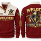 Welder Fixing Your Mistakes Sports Sweatshirt in Jujube Red, front and back