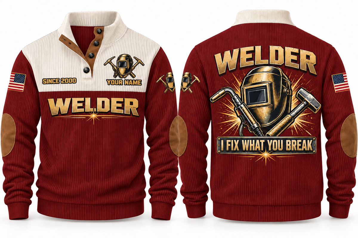 Welder Fixing Your Mistakes Sports Sweatshirt in Jujube Red, front and back