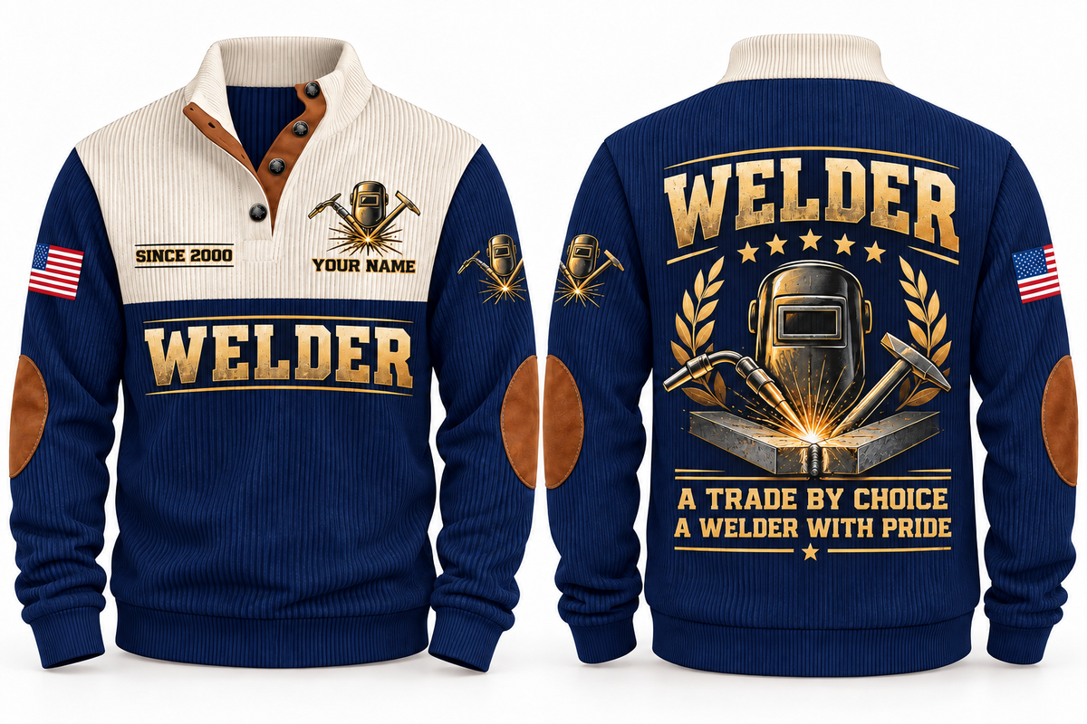 Welder Crafted with Pride Sports Sweatshirt in Navy, front and back