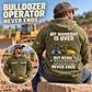 Bulldozer Operator Never Ends Vintage Hoodie in Military Green, worn front and back lifestyle views with original artwork and sample personalization.