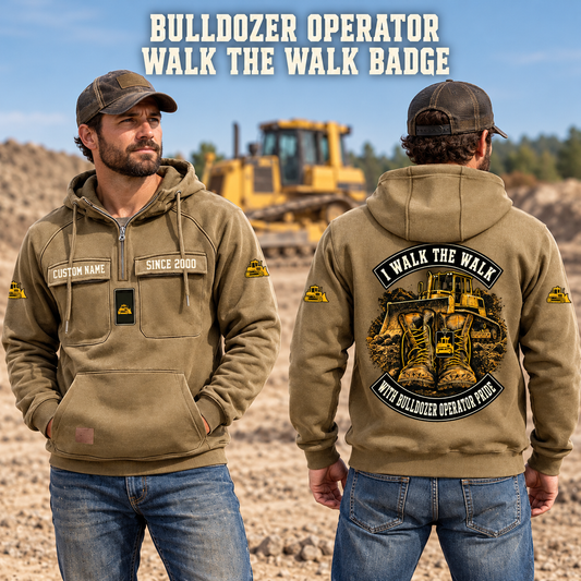 Bulldozer Operator Walk the Walk Badge Vintage Hoodie in Kaki, worn front and back lifestyle views with original artwork and sample personalization.