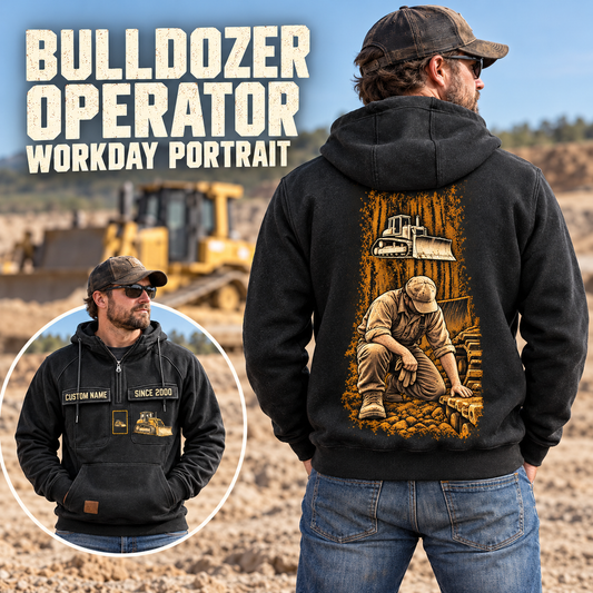 Bulldozer Operator Workday Portrait Vintage Hoodie in Black, worn front and back lifestyle views with original artwork and sample personalization.