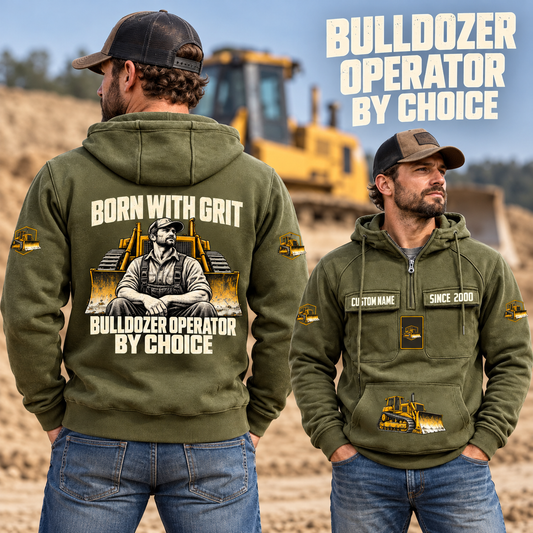 Bulldozer Operator By Choice Vintage Hoodie in Military Green, worn front and back lifestyle views with original artwork and sample personalization.