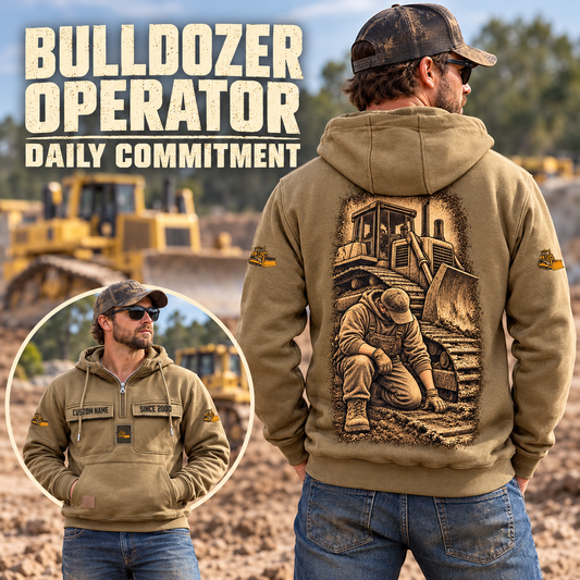 Bulldozer Operator Daily Commitment Vintage Hoodie in Kaki, worn front and back lifestyle views with original artwork and sample personalization.