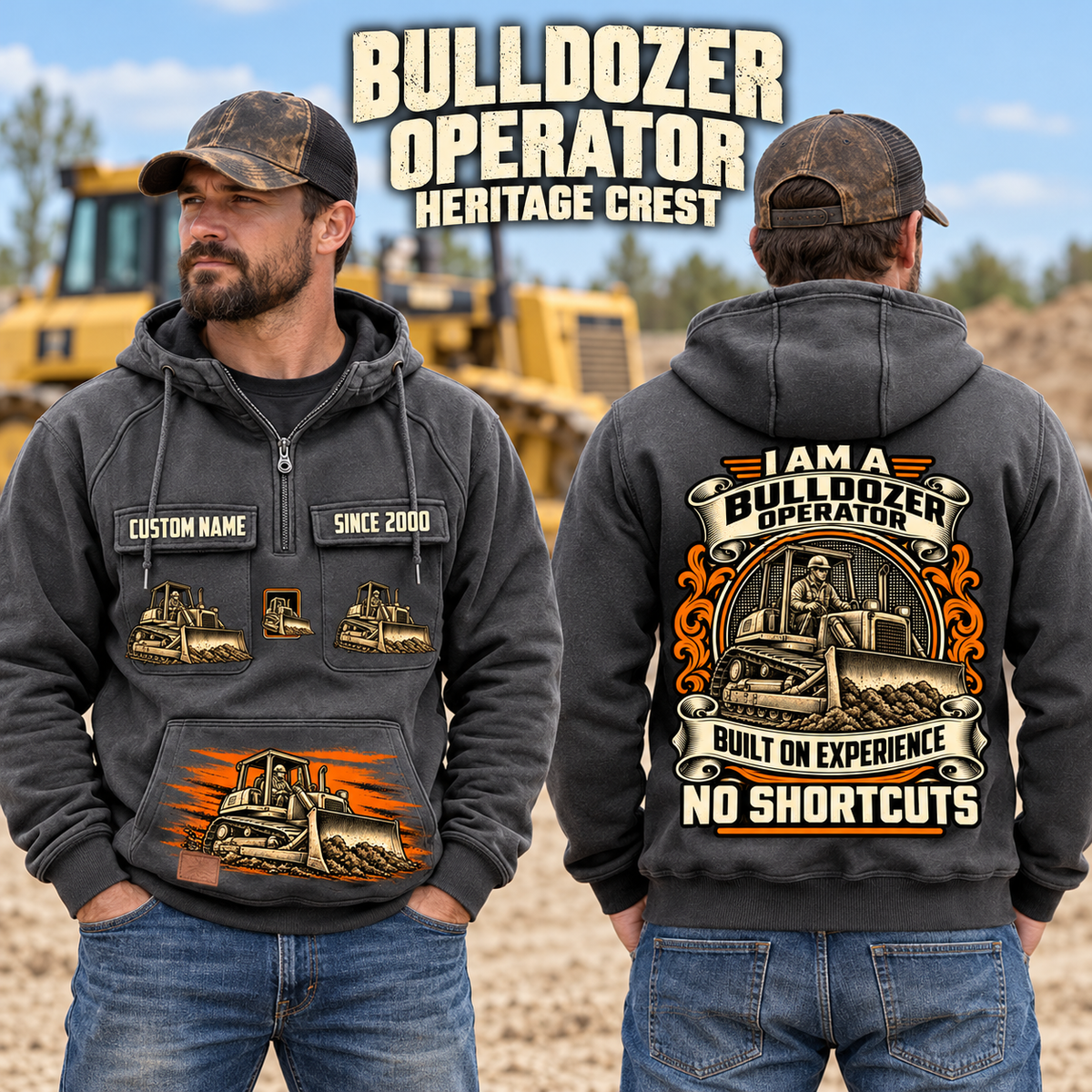 Bulldozer Operator Heritage Crest Vintage Hoodie in Dark Gray, worn front and back lifestyle views with original artwork and sample personalization.