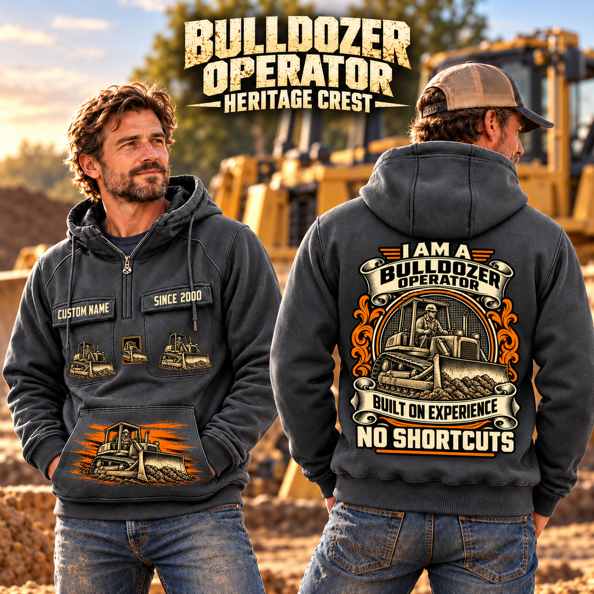 Bulldozer Operator Heritage Crest Vintage Hoodie in Dark Gray, worn front and back lifestyle views with original artwork and sample personalization.