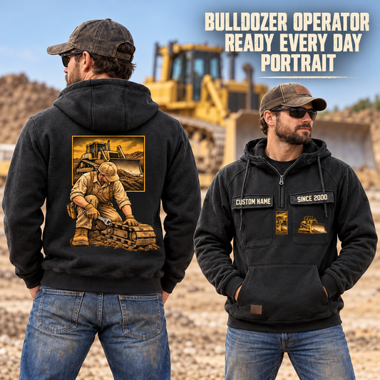 Bulldozer Operator Ready Every Day Portrait Vintage Hoodie in Black, worn front and back lifestyle views with original artwork and sample personalization.