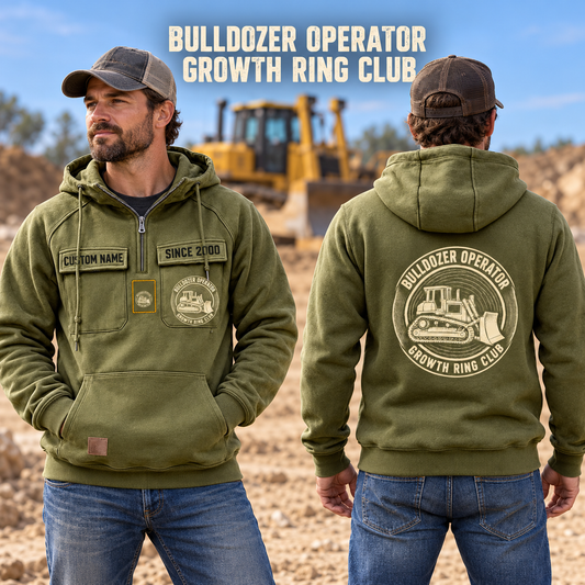 Bulldozer Operator Vintage Hoodie - Growth Ring Club in Olive Green, worn front and back lifestyle views with original artwork and sample personalization.
