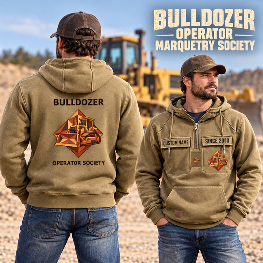 Bulldozer Operator Vintage Hoodie - Marquetry Society in Khaki, worn front and back lifestyle views with original artwork and sample personalization.