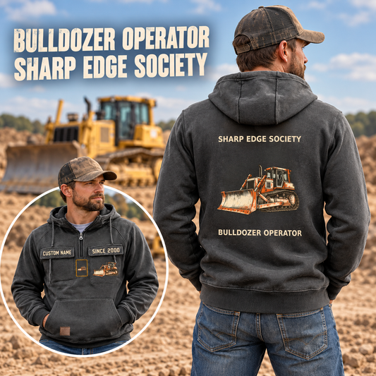 Bulldozer Operator Vintage Hoodie - Sharp Edge Society in Dark Gray, worn front and back lifestyle views with original artwork and sample personalization.