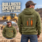 Bulldozer Operator Lifetime of Making Vintage Hoodie in Olive Green, worn front and back lifestyle views with original artwork and sample personalization.