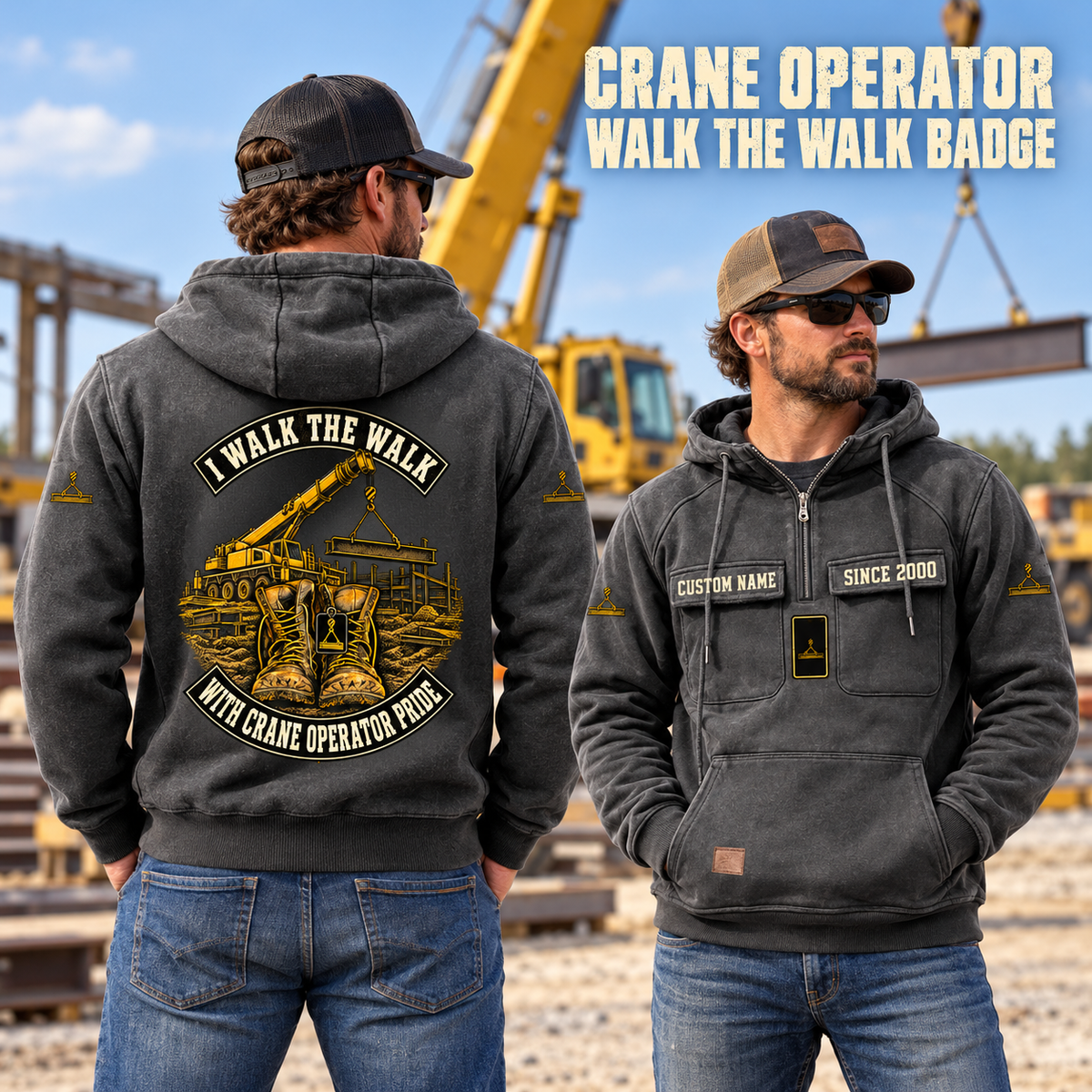 Crane Operator Walk the Walk Badge Vintage Hoodie in Dark Gray, worn front and back lifestyle views with original artwork and sample personalization.