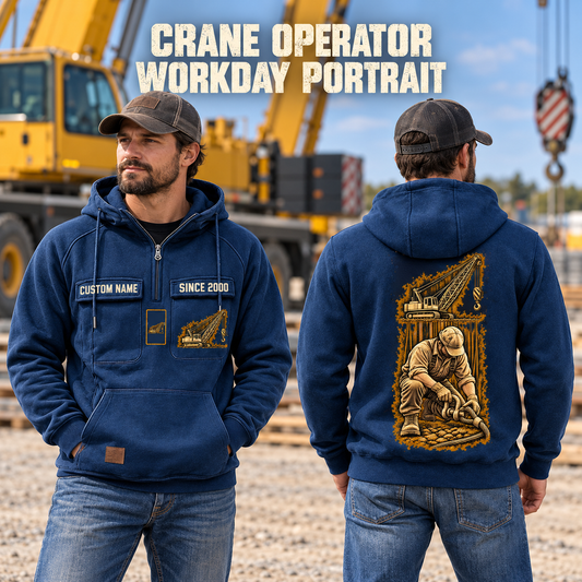 Crane Operator Workday Portrait Vintage Hoodie in Dark Blue, worn front and back lifestyle views with original artwork and sample personalization.