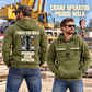 Crane Operator Proud Walk Vintage Hoodie in Military Green, worn front and back lifestyle views with original artwork and sample personalization.