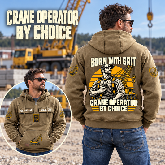 Crane Operator By Choice Vintage Hoodie in Kaki, worn front and back lifestyle views with original artwork and sample personalization.