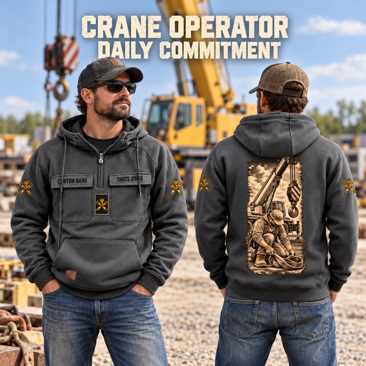 Crane Operator Daily Commitment Vintage Hoodie in Dark Gray, worn front and back lifestyle views with original artwork and sample personalization.