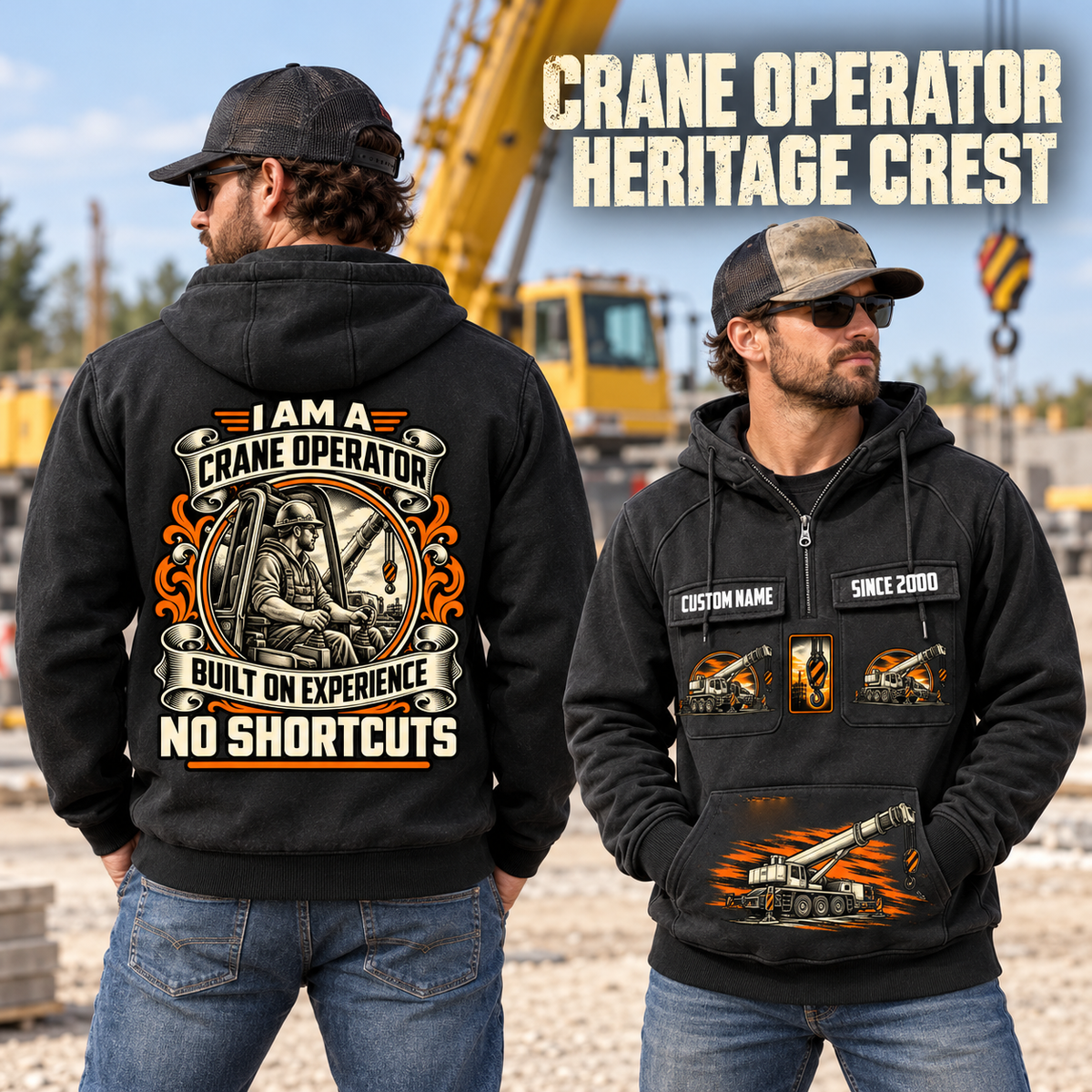 Crane Operator Heritage Crest Vintage Hoodie in Black, worn front and back lifestyle views with original artwork and sample personalization.