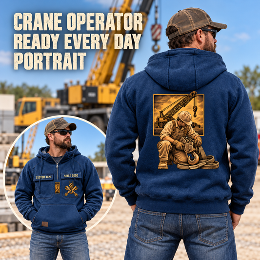Crane Operator Ready Every Day Portrait Vintage Hoodie in Dark Blue, worn front and back lifestyle views with original artwork and sample personalization.