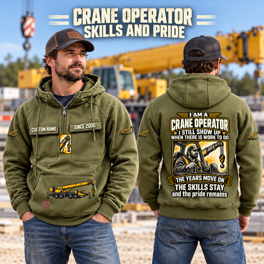 Crane Operator Skills and Pride Vintage Hoodie in Military Green, worn front and back lifestyle views with original artwork and sample personalization.