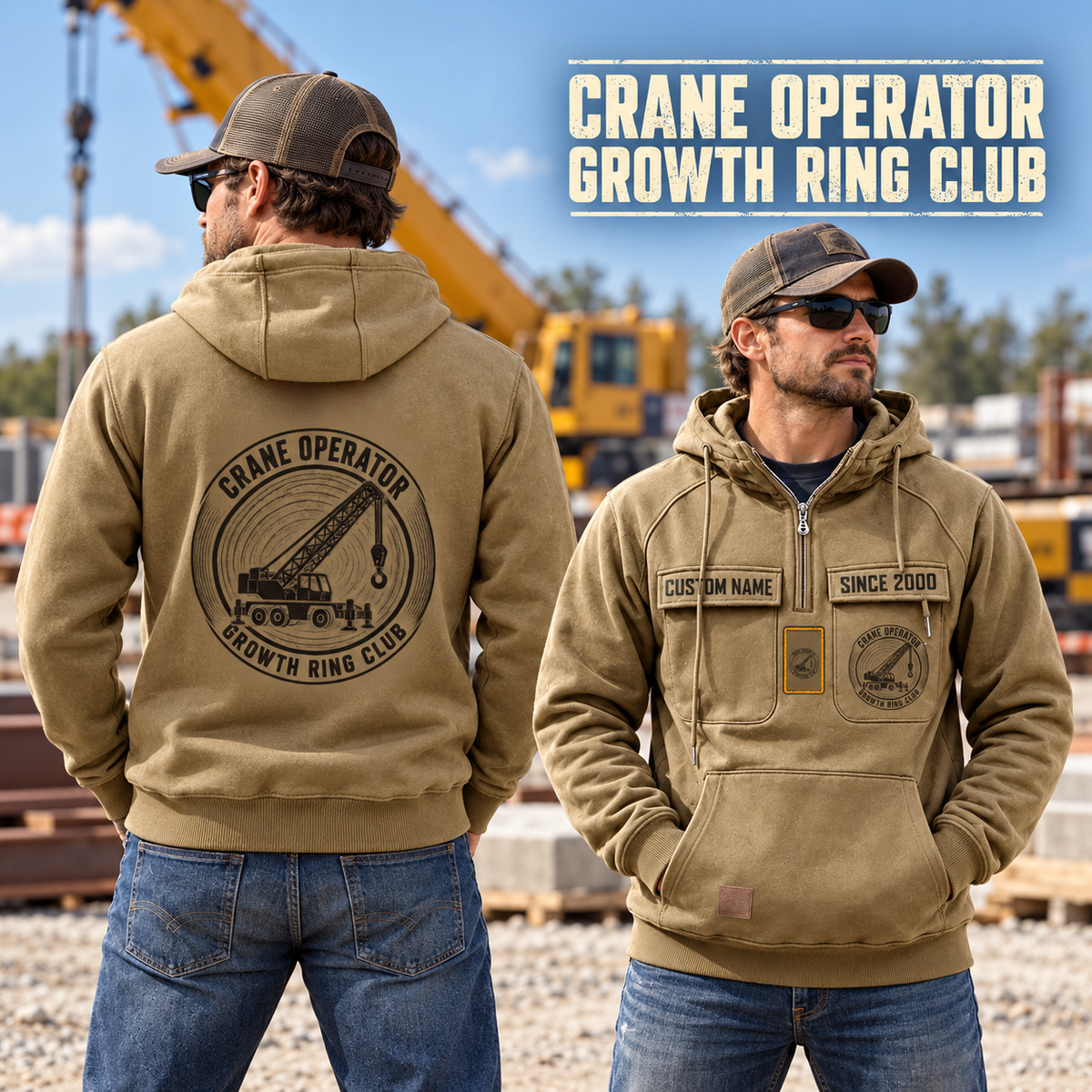Crane Operator Vintage Hoodie - Growth Ring Club in Khaki, worn front and back lifestyle views with original artwork and sample personalization.