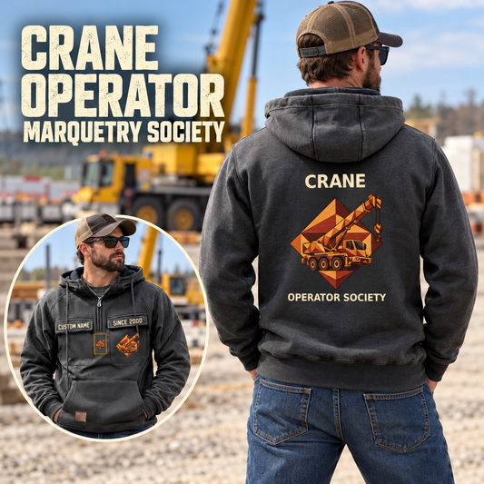 Crane Operator Vintage Hoodie - Marquetry Society in Dark Gray, worn front and back lifestyle views with original artwork and sample personalization.