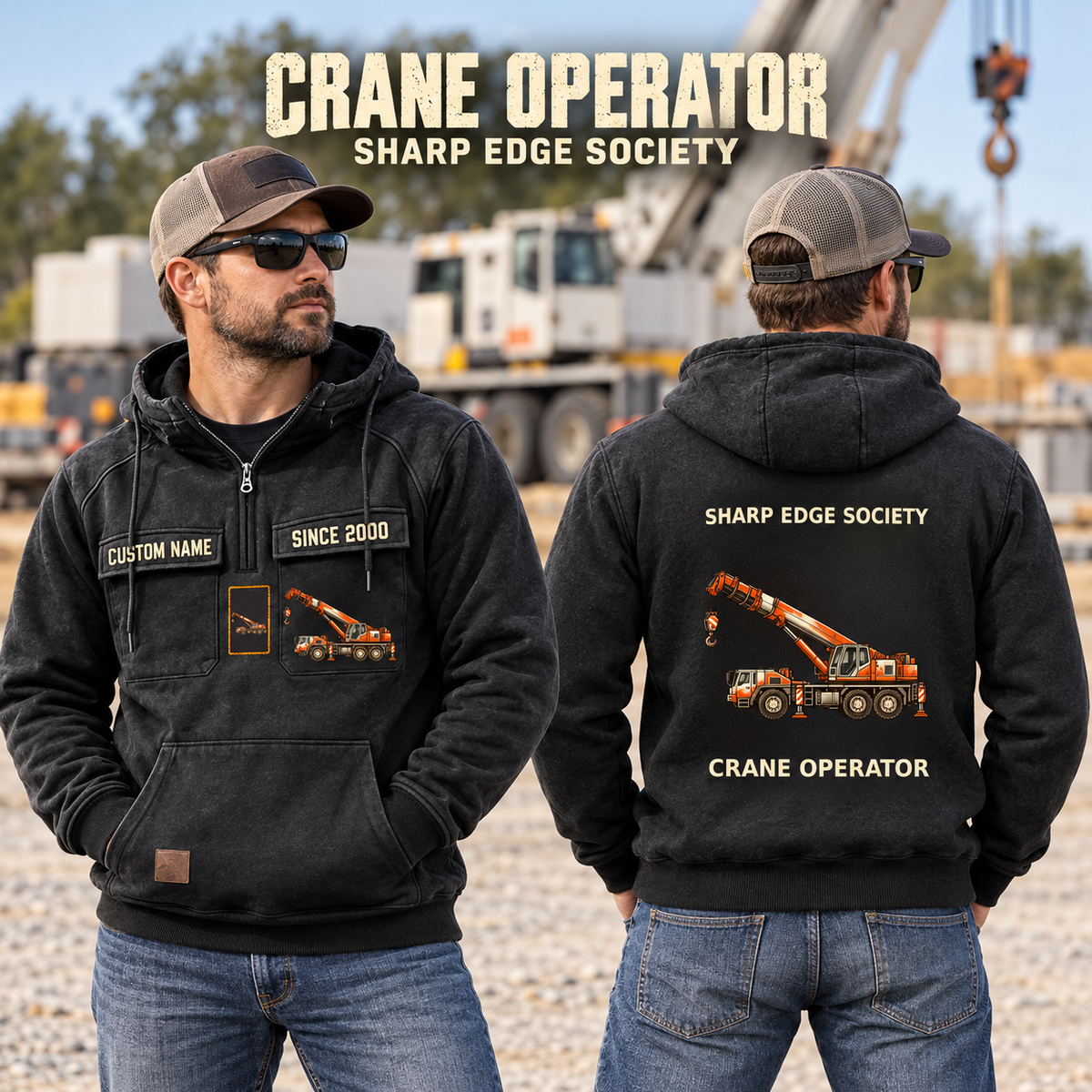 Crane Operator Vintage Hoodie - Sharp Edge Society in Black, worn front and back lifestyle views with original artwork and sample personalization.