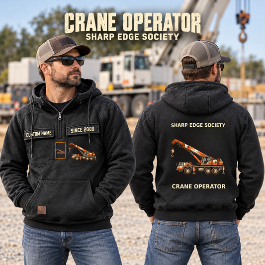 Crane Operator Vintage Hoodie - Sharp Edge Society in Black, worn front and back lifestyle views with original artwork and sample personalization.