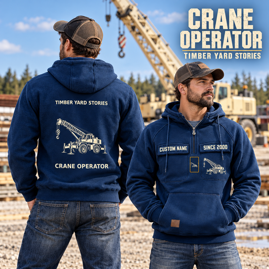 Crane Operator Vintage Hoodie - Timber Yard Stories in Dark Blue, worn front and back lifestyle views with original artwork and sample personalization.