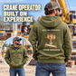 Crane Operator Built on Experience Vintage Hoodie in Olive Green, worn front and back lifestyle views with original artwork and sample personalization.