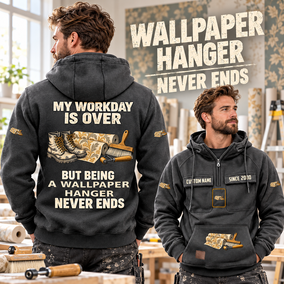 Wallpaper Hanger Never Ends Vintage Hoodie in Dark Gray, worn front and back lifestyle views with original artwork and sample personalization.