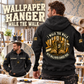 Wallpaper Hanger Walk the Walk Badge Vintage Hoodie in Black, worn front and back lifestyle views with original artwork and sample personalization.