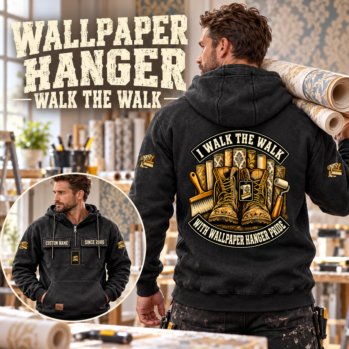 Wallpaper Hanger Walk the Walk Badge Vintage Hoodie in Black, worn front and back lifestyle views with original artwork and sample personalization.
