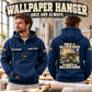 Wallpaper Hanger Once and Always Vintage Hoodie in Dark Blue, worn front and back lifestyle views with original artwork and sample personalization.