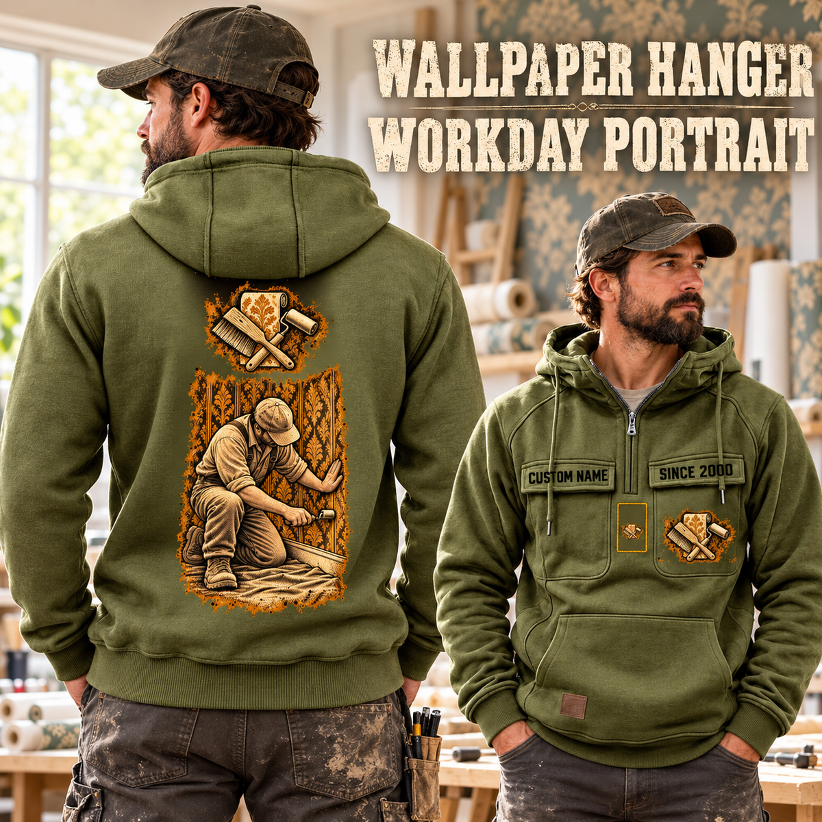 Wallpaper Hanger Workday Portrait Vintage Hoodie in Military Green, worn front and back lifestyle views with original artwork and sample personalization.