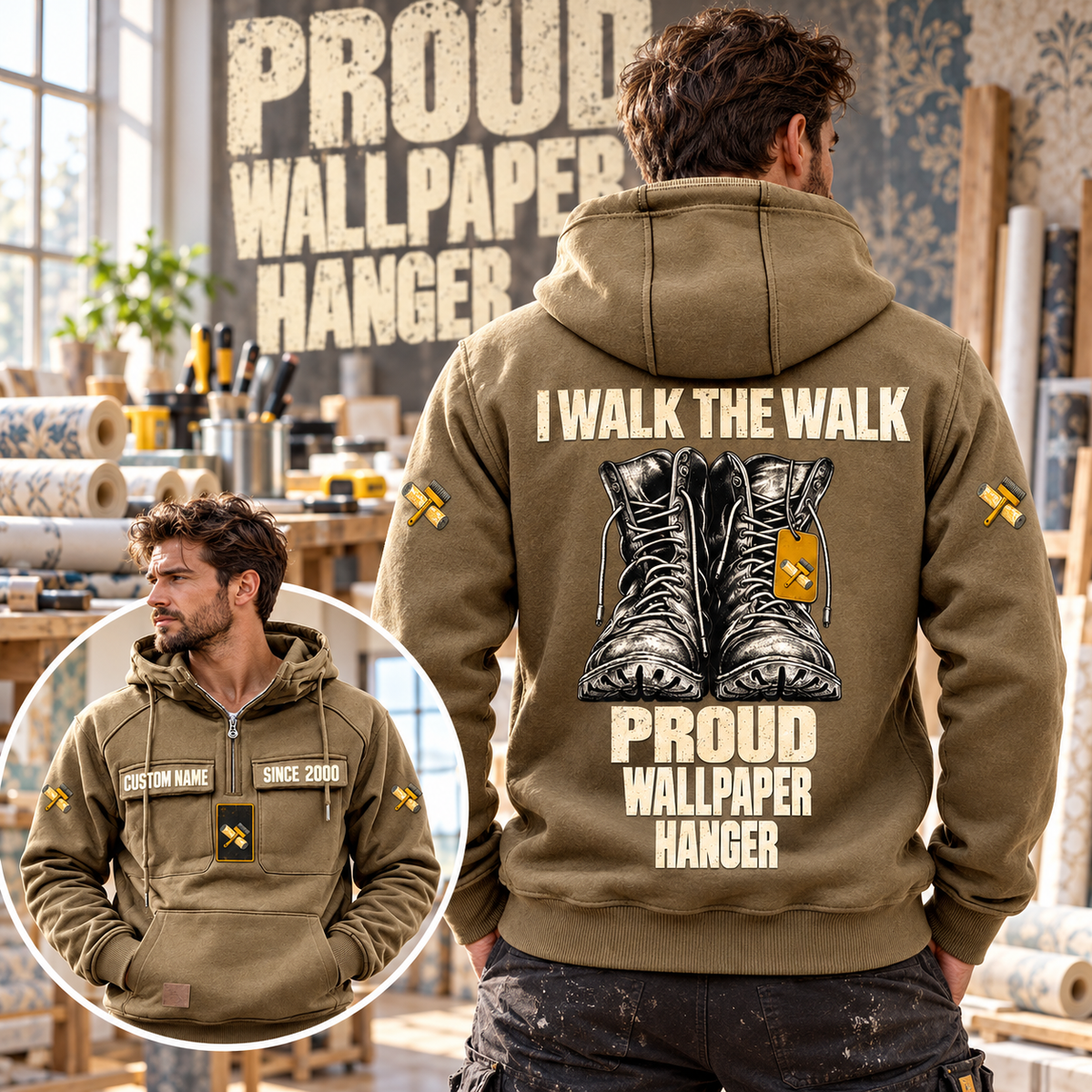 Wallpaper Hanger Proud Walk Vintage Hoodie in Kaki, worn front and back lifestyle views with original artwork and sample personalization.