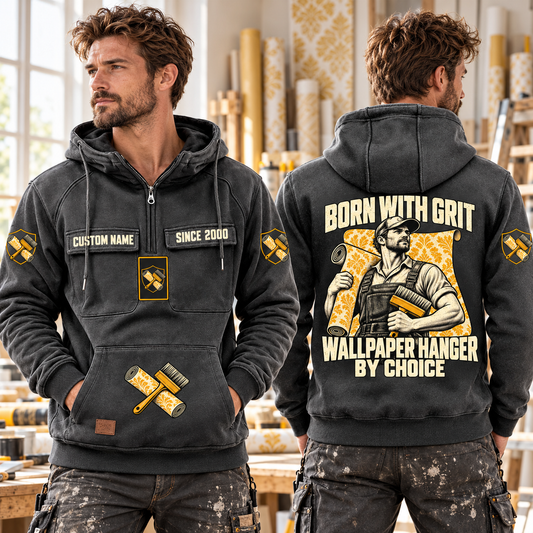 Wallpaper Hanger By Choice Vintage Hoodie in Dark Gray, worn front and back lifestyle views with original artwork and sample personalization.