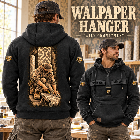 Wallpaper Hanger Daily Commitment Vintage Hoodie in Black, worn front and back lifestyle views with original artwork and sample personalization.