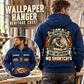 Wallpaper Hanger Heritage Crest Vintage Hoodie in Dark Blue, worn front and back lifestyle views with original artwork and sample personalization.