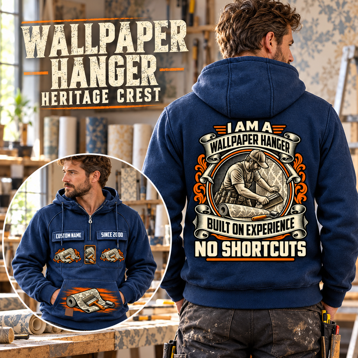 Wallpaper Hanger Heritage Crest Vintage Hoodie in Dark Blue, worn front and back lifestyle views with original artwork and sample personalization.