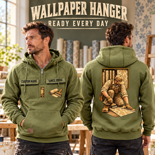 Wallpaper Hanger Ready Every Day Portrait Vintage Hoodie in Military Green, worn front and back lifestyle views with original artwork and sample personalization.
