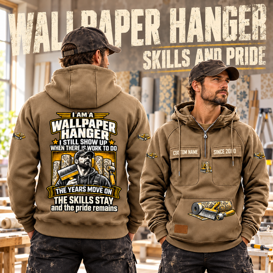 Wallpaper Hanger Skills and Pride Vintage Hoodie in Kaki, worn front and back lifestyle views with original artwork and sample personalization.
