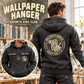 Wallpaper Hanger Vintage Hoodie - Growth Ring Club in Dark Gray, worn front and back lifestyle views with original artwork and sample personalization.