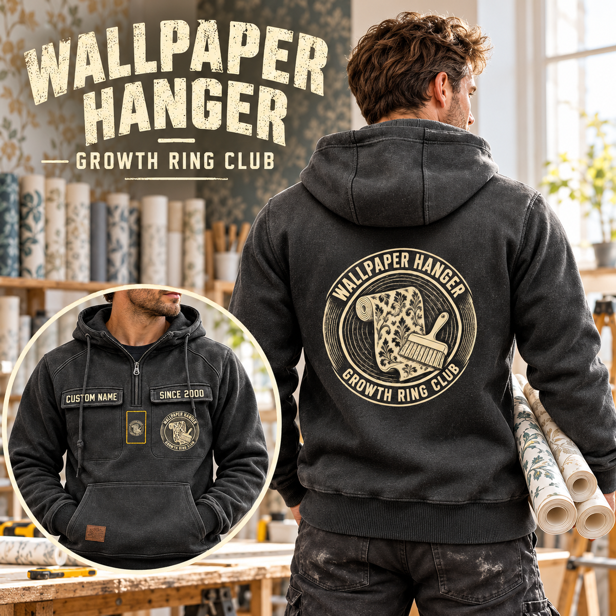 Wallpaper Hanger Vintage Hoodie - Growth Ring Club in Dark Gray, worn front and back lifestyle views with original artwork and sample personalization.