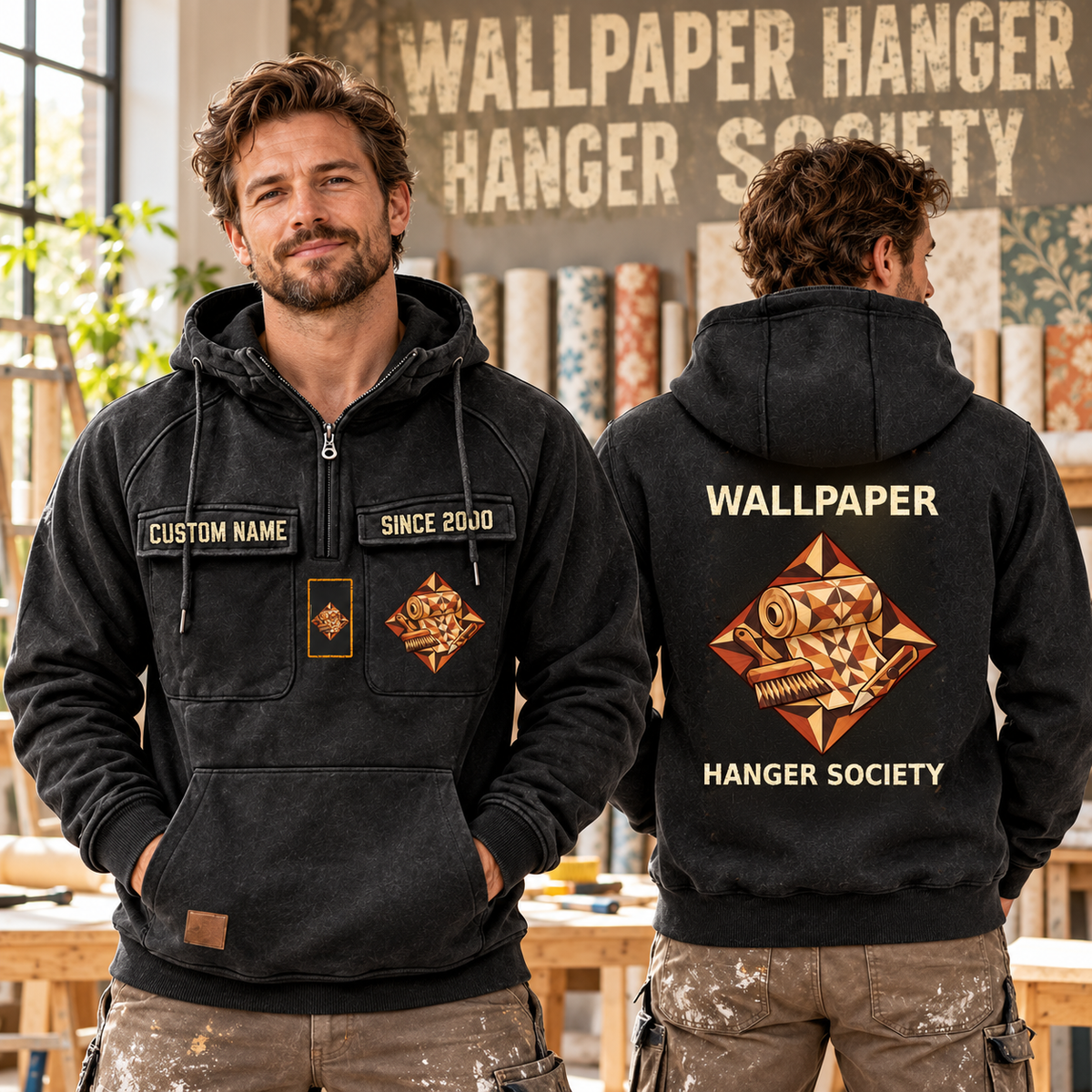 Wallpaper Hanger Vintage Hoodie - Marquetry Society in Black, worn front and back lifestyle views with original artwork and sample personalization.