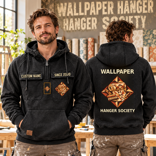 Wallpaper Hanger Vintage Hoodie - Marquetry Society in Black, worn front and back lifestyle views with original artwork and sample personalization.