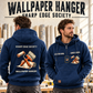 Wallpaper Hanger Vintage Hoodie - Sharp Edge Society in Dark Blue, worn front and back lifestyle views with original artwork and sample personalization.