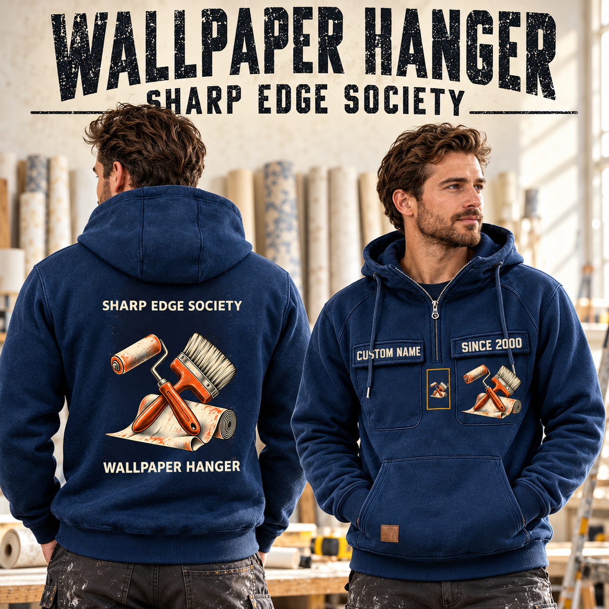 Wallpaper Hanger Vintage Hoodie - Sharp Edge Society in Dark Blue, worn front and back lifestyle views with original artwork and sample personalization.
