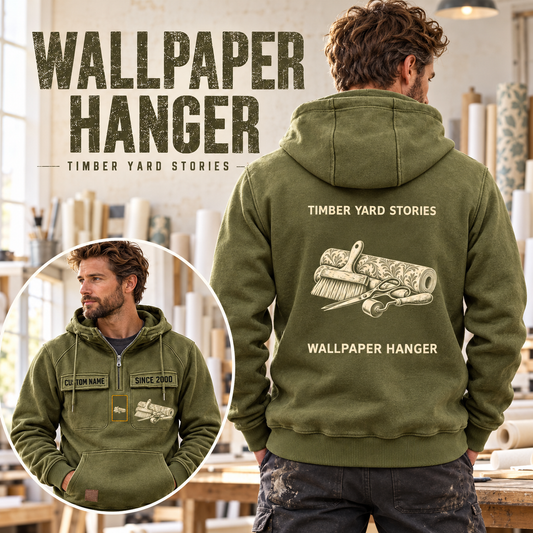 Wallpaper Hanger Vintage Hoodie - Timber Yard Stories in Olive Green, worn front and back lifestyle views with original artwork and sample personalization.