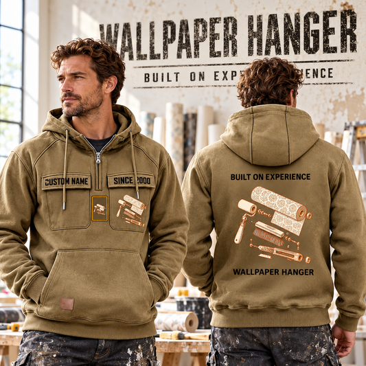 Wallpaper Hanger Built on Experience Vintage Hoodie in Khaki, worn front and back lifestyle views with original artwork and sample personalization.