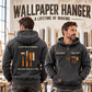 Wallpaper Hanger Lifetime of Making Vintage Hoodie in Dark Gray, worn front and back lifestyle views with original artwork and sample personalization.